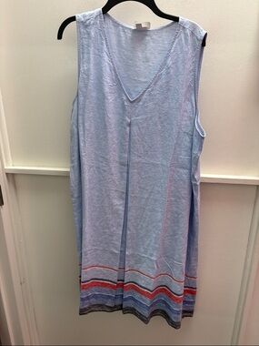 J. Jill Light Blue Sleeveless V-Neck Linen Dress with Striped Hem